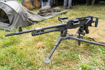 Belgian-made 7.62 mm machine gun on a tripod