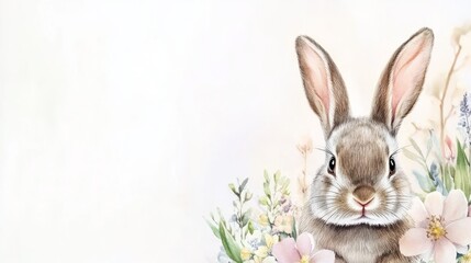 Obraz premium Watercolor rabbit with spring flowers, creating a soft and charming Easter or spring illustration