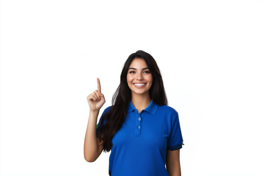 A smiling woman with long dark hair wearing a blue polo shirt, holding up one finger against an isolated, transparent background
