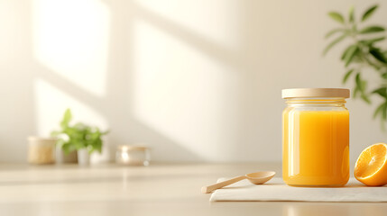 Fototapeta premium A jar of homemade apricot jam with the lid open, showcasing the rich, golden hue and smooth texture of the sweet spread, inviting a taste of homemade goodness