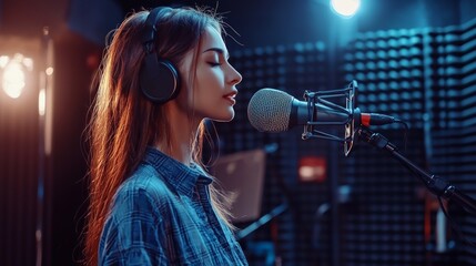 bonde female singer immersed her performance sound studio wearing headphones and passionately recording her music soundproof booth.