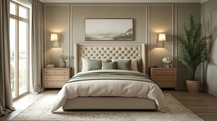 A Luxurious Bedroom Interior with a Large Bed, Curtains, and Nightstands