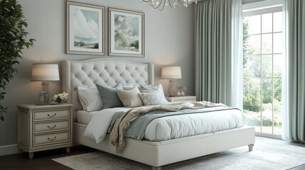 Fototapeta premium Upholstered Bed with Tufted Headboard in a Modern Bedroom