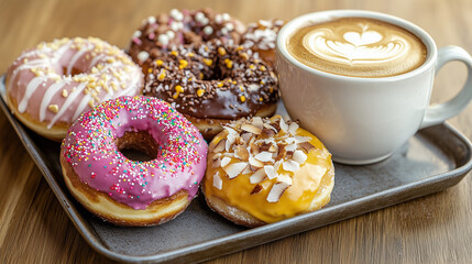 Lots of colorful donuts and coffee