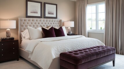 Modern Bedroom Interior with Tufted Headboard and Plush Benches