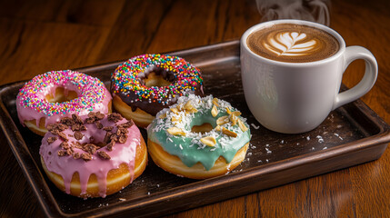 Lots of colorful donuts and coffee