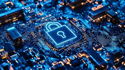 A circuit board with a padlock symbol depicts a cybersecurity concept.