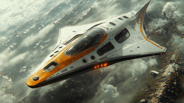 Sleek, futuristic spaceship with an angular design glides above a cloudy, alien landscape dotted with distant lights