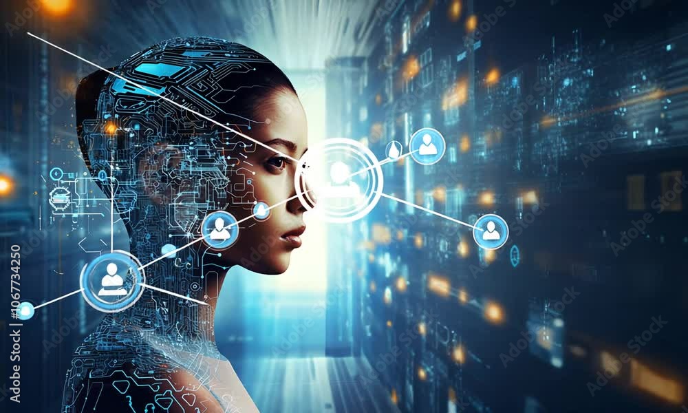 Poster computer intelligence and the human brain. a girl communicates with a computer. concept - artificial