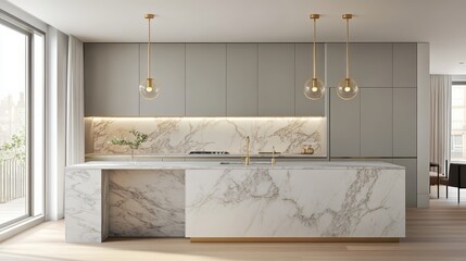 Modern Kitchen with Marble Island and Golden Pendant Lights
