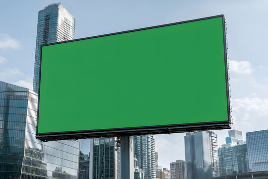 A large green screen billboard mounted on a building, ready for customisable digital content, standing out against the urban landscape.