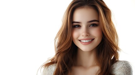 Naklejka premium Portrait of a beautiful young woman smiling and looking happy on white background