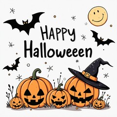Obraz premium Cute Halloween Pumpkins & Bats Vector Illustration