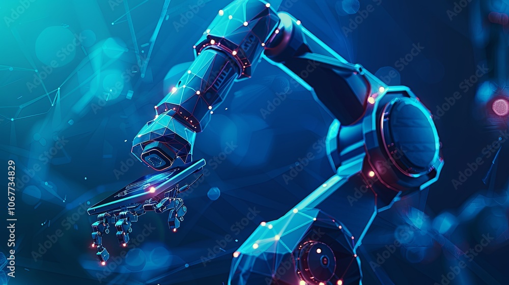 Poster engineer holding tablet and controlling robotic arm and robotic tool.