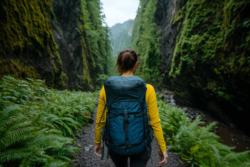 Naklejka premium A lone hiker walks through lush, moss-covered mountains, surrounded by towering trees and misty peaks, embracing the serenity of untouched nature