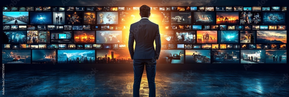 Poster businessman analyzing diverse data streams displayed on a futuristic multi-screen video wall