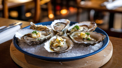 A plate of oysters with a blue plate and a wooden board. The plate is on a table with a few chairs around it