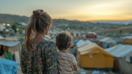 Fototapeta premium Mother and Child Observing Sunset Over Refugee Camp with Tents in the Background, Symbolizing Hope and Resilience in Challenging Times