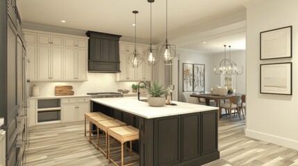 Modern Kitchen with White Cabinets, Island, and Pendant Lighting