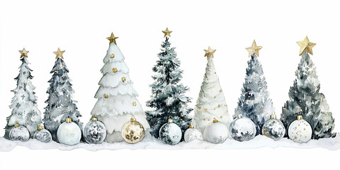 Festive watercolor Christmas trees with gold stars and silver ornaments
