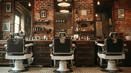 A vintage barber shop interior featuring three classic barber chairs, warm lighting, wooden furnishings, and a cozy atmosphere that invites customers for grooming services