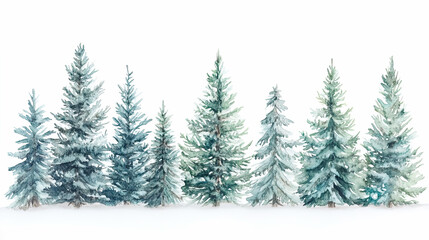 Obraz premium Watercolor evergreen trees in snow on white background