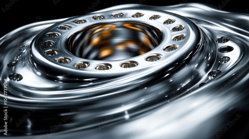 Poster abstract circular metal object with a central hole and a ring of small holes around it.