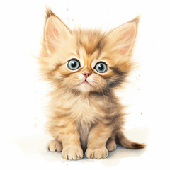 Charming watercolor illustration of a wide-eyed fluffy kitten sitting attentively, showcasing adorable expressions and soft fur details, perfect for children's decor and animal themes