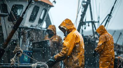 Fishermen in bright yellow rain gear work diligently on a fishing boat during a rainy day off the coast, handling equipment and preparing for the next catch