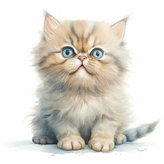 Adorable watercolor illustration of a fluffy kitten with large blue eyes, sitting in a cute pose, ideal for children's art, animal-themed projects, and whimsical designs