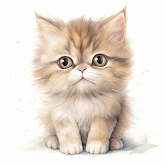Adorable watercolor illustration of a fluffy kitten with large brown eyes, perfect for children's decor, animal-themed art, and playful designs
