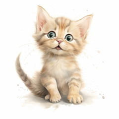 Charming watercolor illustration of a cute kitten with big green eyes and a playful expression, ideal for children's decor, pet art, and animal-inspired designs