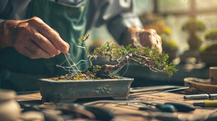 Artistic bonsai tree shaping in serene greenhouse setting