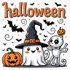 Cute Halloween Ghost & Spider Vector Illustration