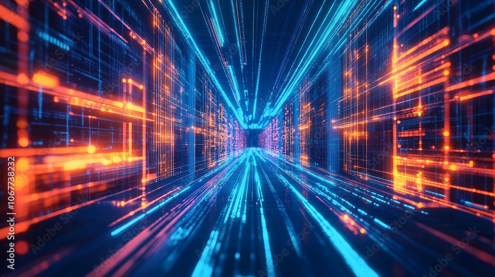 Poster dynamic digital tunnel with vibrant blue and orange light trails representing data flow in a virtual