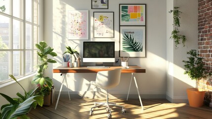Bright and airy workspace with clean desk and motivational posters