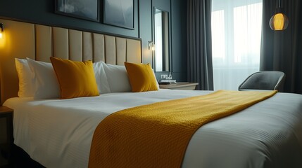 Modern hotel room interior with twin beds, yellow accent decor, padded headboard and floor-to-ceiling windows, copy space