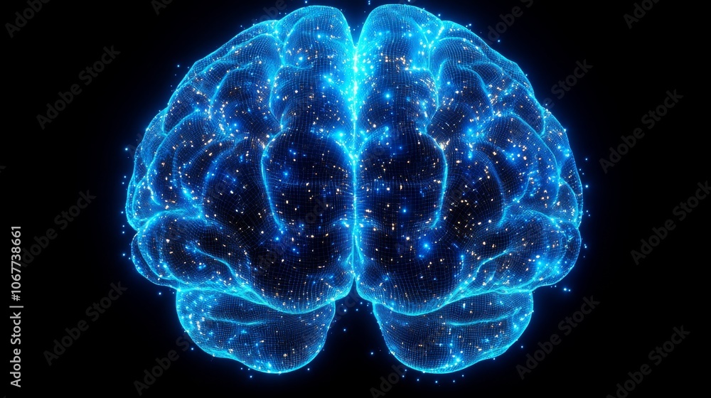 Poster silhouette of a brain with glowing data grid lines representing neural activity and connections