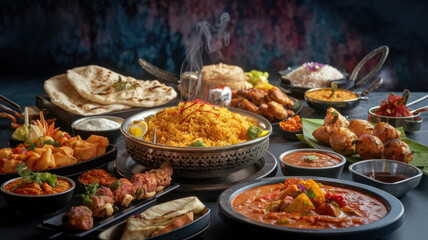Obraz premium A table full of food with a lot of different dishes, including a bowl of rice. The table is set for a large gathering of people