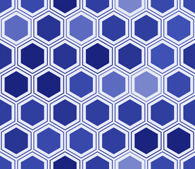 Minimalistic hexagon background. Hexagon mosaic pattern with inner solid cells. Blue color tones. Large hexagon shapes. Seamless design. Tileable vector illustration.