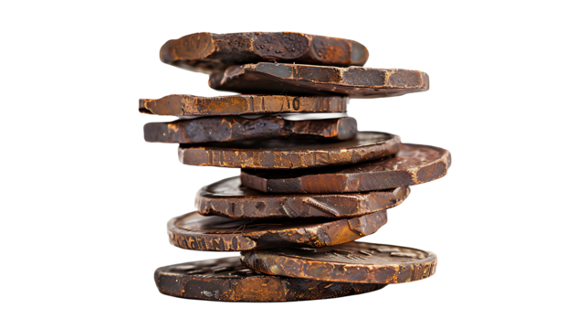 Stack of ancient coins with rugged, irregular shapes and faint engravings, isolated on white, cut out