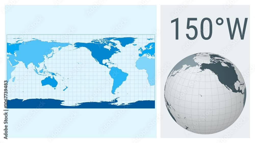 Poster world map animation in equirectangular (plate carree) projection with colored continents style.
