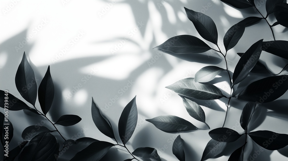 Poster shadows of fresh greenery casting intricate patterns on a simple white background in natural lightin