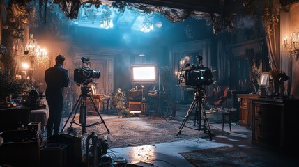 Fototapeta premium Cinematic scene of actors rehearsing dialogue, dramatic lighting highlighting their expressions, set filled with props and decor.