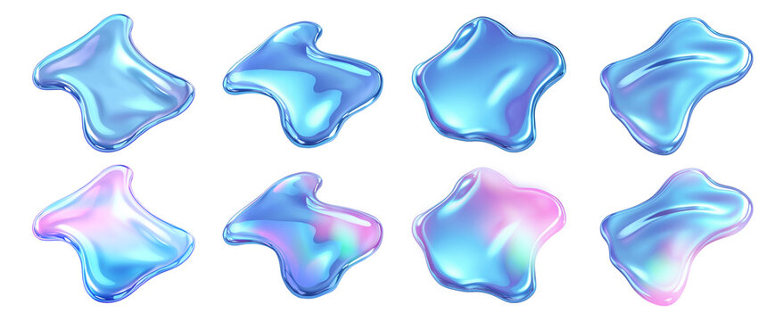 Set of 3d abstract fluid form , chrome, holographic color, smooth flow, gradient blend, glossy metallic surface, for print, web, animation creative art work design on transparent backdrop PNG