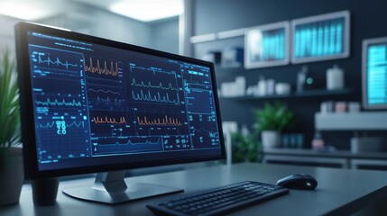 Close-Up of Computer Monitor Displaying Patient Vital Signs Graph with Heart Rate and Blood Pressure in a Modern Medical Environment
