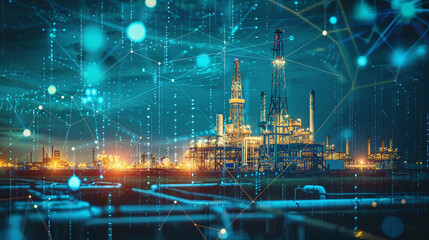 An oil drilling site illuminated at night with digital connections symbolizing modern technology and data integration in the energy sector