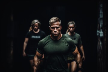 Fototapeta premium Determined Male Athlete Leads Group Workout Session, Inspiring Fitness and Motivation