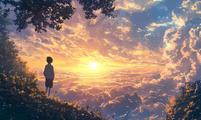 Obraz premium Sunset Serenity: A lone child silhouetted against a breathtaking sunset, gazing out at a vibrant sky filled with fluffy clouds. A poignant image evoking feelings of peace, wonder, and hope.