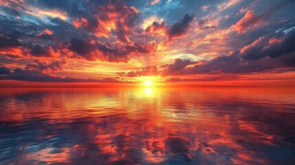 Fototapeta premium Stunning Sunset Reflection in Calm Water with Dramatic Cloudscape - High-Resolution Nature Photography for Tranquil and Majestic Themes